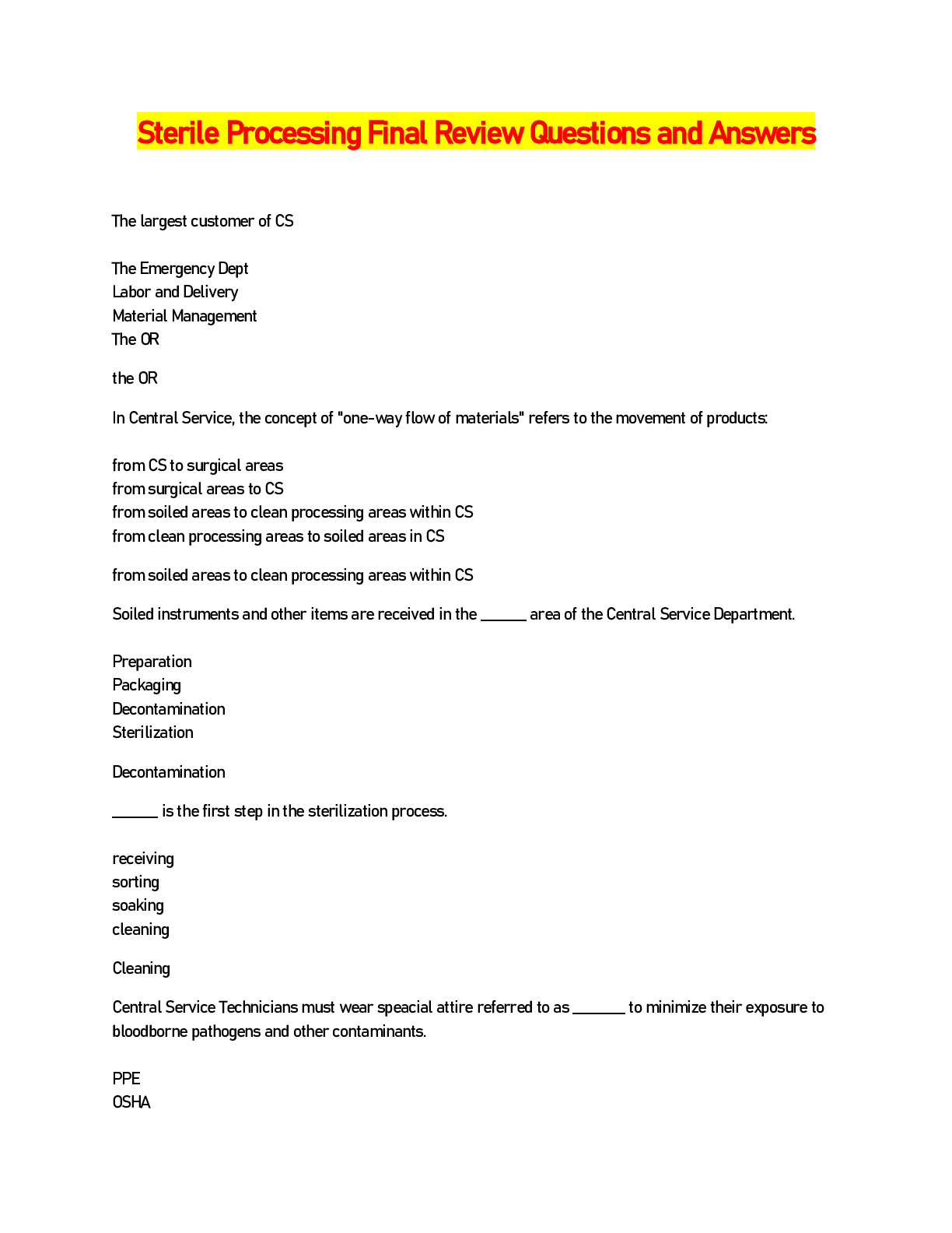 Preview image of Sterile Processing Final Review Questions and Answers document